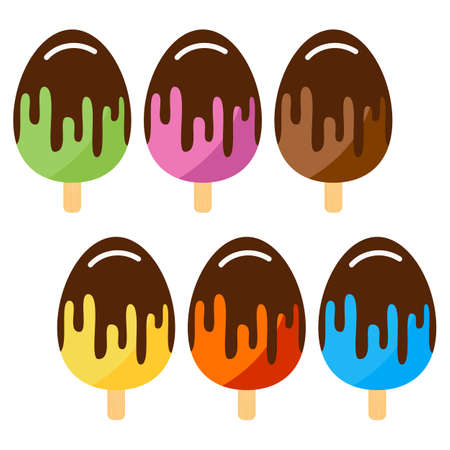 Set of colorful ice cream with chocolate. Creamy ice cream on a wooden stickのイラスト素材