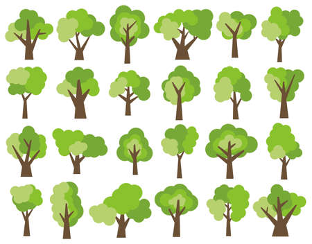 Set of twenty four different cartoon green trees isolated on white background. Vector illustrationのイラスト素材