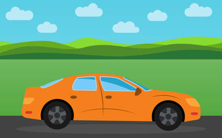 Orange sports car in the nature landscape in the daytime.のイラスト素材