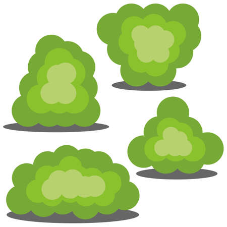 Set of four different cartoon green bushes isolated on white background. Vector illustrationのイラスト素材