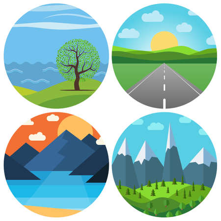 Set of four different vector cartoon landscape in circle.のイラスト素材