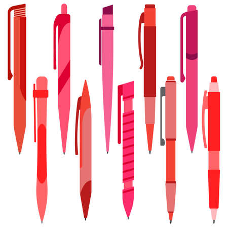 Set of red pens on a white background. Vector illustration.のイラスト素材