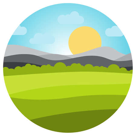 Vector landscape with field and mountains in circle. . Early morning with the rising of the sun on the horizon. Vector illustration.のイラスト素材