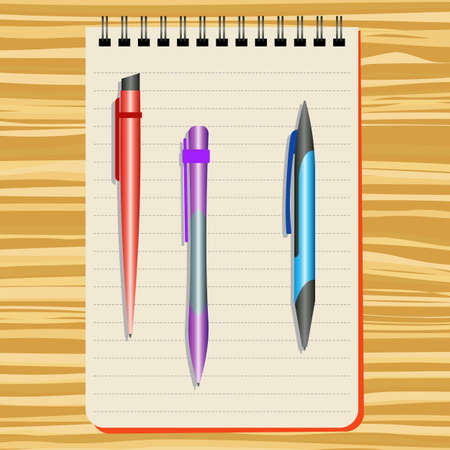 Notebook, red pen, purple pen and blue pen on a wooden tableのイラスト素材