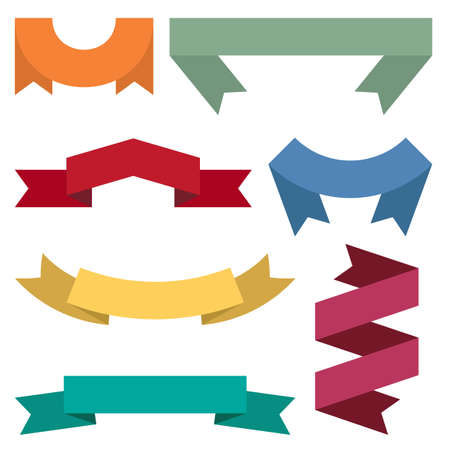 Set of seven colorful ribbons and banners for web design. Great design element isolated on white background. Vector illustration.のイラスト素材