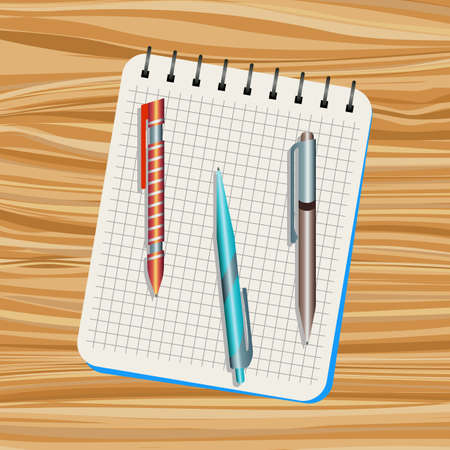 Notebook, orange  pen, blue pen and brown pen on a wooden tableのイラスト素材