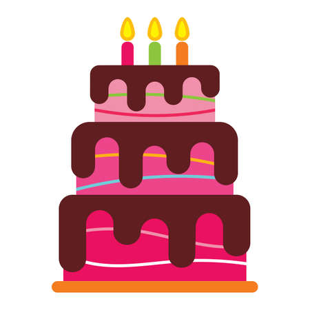 Sweet birthday cake with three burning candles. Colorful holiday dessert. Vector celebration...
