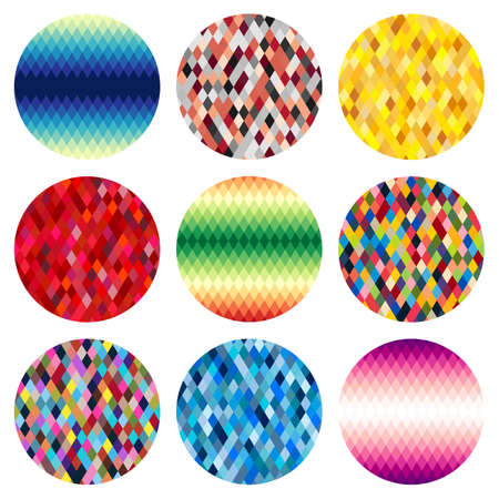 Set of nine colorful circles of rhombuses isolated on white background. Abstract vector background.のイラスト素材