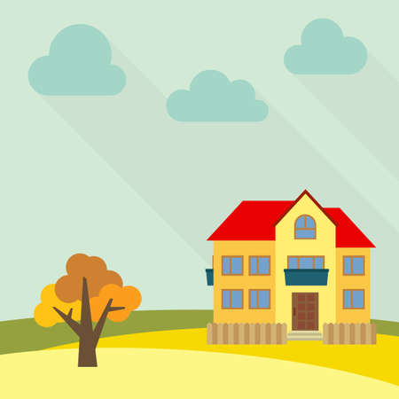 house in a field with an yellow tree.のイラスト素材