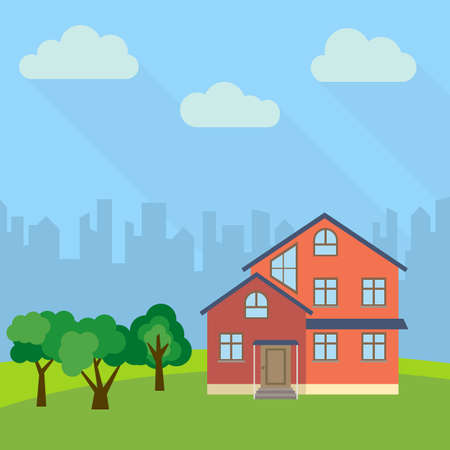 Lone three-storey house in a field with an green trees.のイラスト素材
