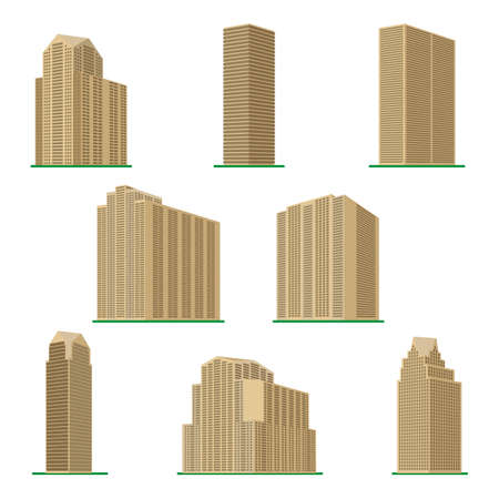 Set of eight modern high-rise building on a white background.のイラスト素材