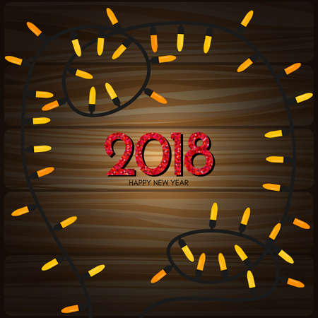 Christmas garland on wooden table and inscription 2018 inside. Vector illustrationのイラスト素材