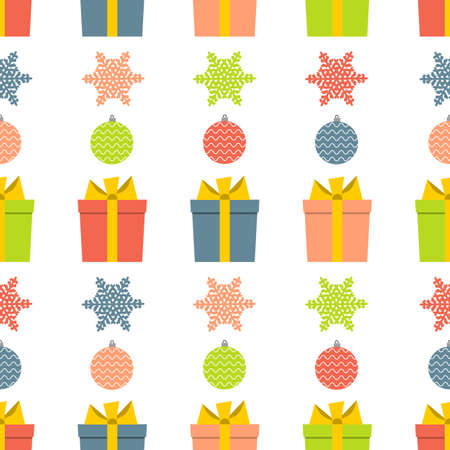 Christmas semless pattern with snowflake, christmas ball and gift box on white background. Vector illustrationのイラスト素材