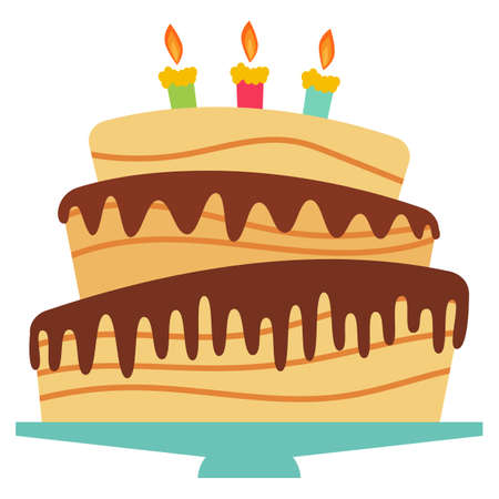 Sweet birthday cake with three burning candles. Colorful holiday dessert. Vector celebration background.のイラスト素材