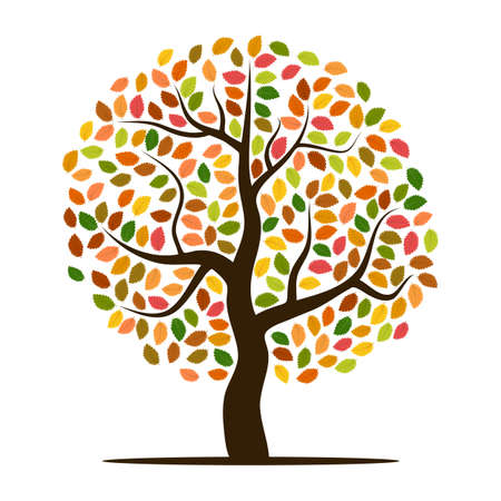 Autumn tree with yellow, orange, brown and green leaves. Vector illustrationのイラスト素材
