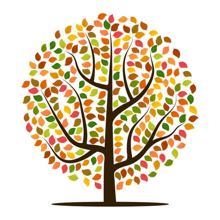 Autumn tree with yellow, orange, brown and green leaves. Vector illustrationのイラスト素材