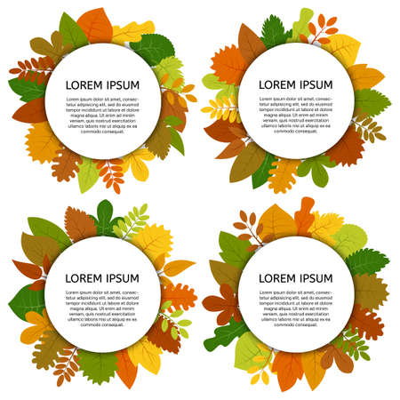 Set of four vector cards with yellow leaves isolated on white background. Colorful autumn leaves.のイラスト素材