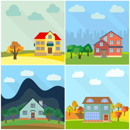 Set of four lonely houses in the nature. Vector illustration.のイラスト素材