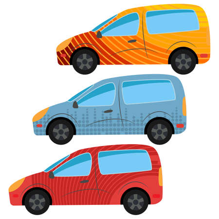 A set of three cars painted in different colors. Vector illustrationのイラスト素材