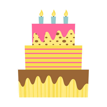 Sweet birthday cake with three burning candles. Colorful holiday dessert. Vector celebration background.のイラスト素材