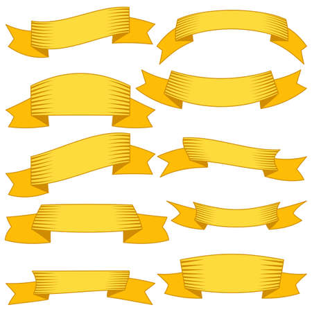 Set of ten yellow ribbons and banners for web design. Great design element isolated on white background Vector illustration.のイラスト素材