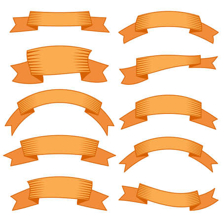 Set of ten orange ribbons and banners for web design. Great design element isolated on white background. Vector illustration.のイラスト素材