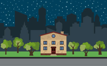 Vector city with two-story cartoon house and green trees at night. Summer urban landscape. Street view with cityscape on a backgroundのイラスト素材
