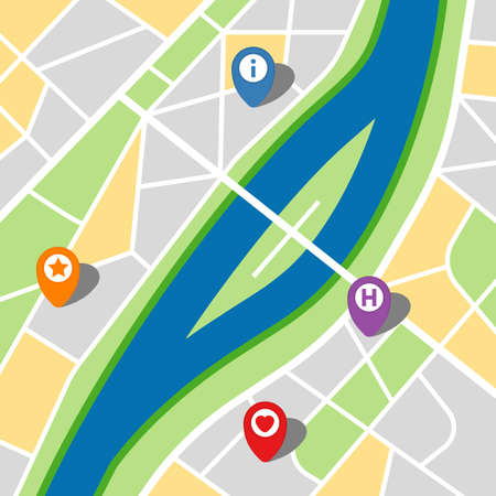 City map of an imaginary city with a river and four pins. Vector illustration.のイラスト素材