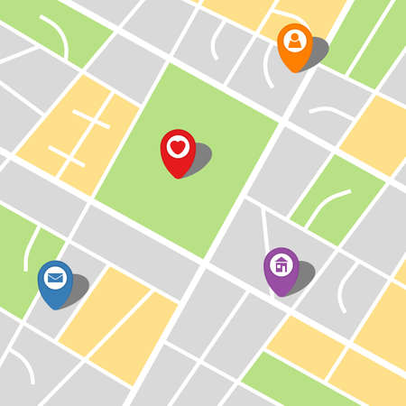 City map of an imaginary city with four pins. Vector illustration.のイラスト素材