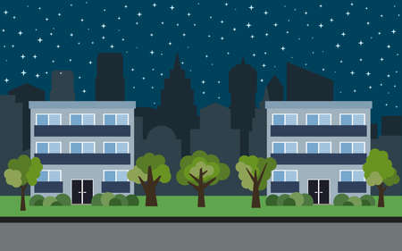 Vector city with two three-story cartoon houses and green trees at night. Summer urban landscape. Street view with cityscape on a backgroundのイラスト素材