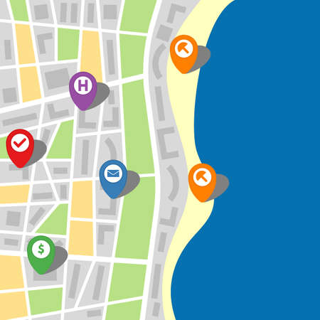 City map of an imaginary city with sea and six pins. Vector illustration.のイラスト素材