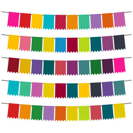 Colorful flags and bunting garlands for decoration. Decor elements with various patterns. Vector illustrationのイラスト素材
