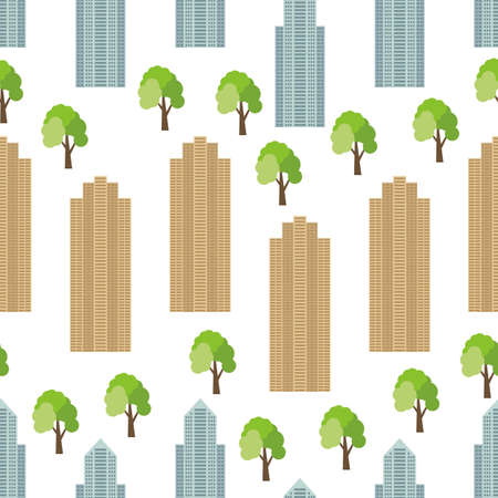 Seamless city background with modern houses and green trees. Vector illustrationのイラスト素材