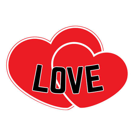 Red hearts on a white background with black inscription Love. Vector illustrationのイラスト素材