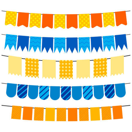 Colorful flags and bunting garlands for decoration. Decor elements with various patterns. Vector illustrationのイラスト素材
