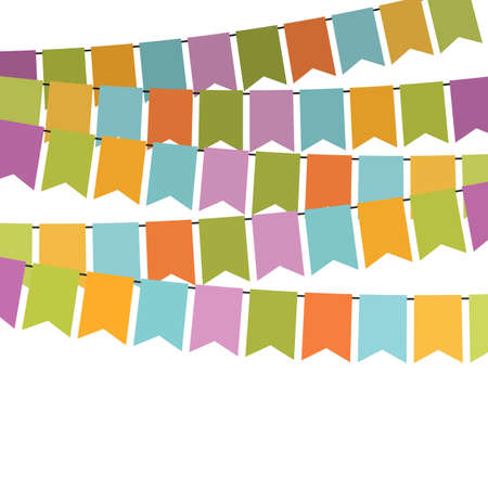 Colorful flags and bunting garlands for decoration. Decor elements with various patterns. Vector illustrationのイラスト素材