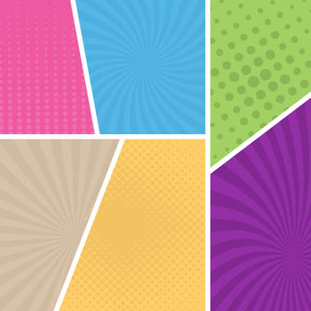 Colorful comic book page background in pop art style. Empty template with rays and dots pattern. Vector illustration
のイラスト素材