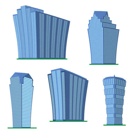 Set of five modern high-rise building on a white background. View of the building from the bottom. Isometric vector illustration.のイラスト素材
