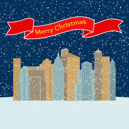Night city with falling snow and a red ribbon with the inscription Happy Christmas. Vector illustration.のイラスト素材
