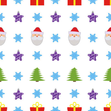 Christmas seamless pattern with snowflake, christmas ball, Santa Claus and Christmas tree on white background. Vector illustrationのイラスト素材