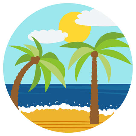 Natural cartoon landscape in circle. Vector illustration in the flat style with palm in the summer beach.
のイラスト素材