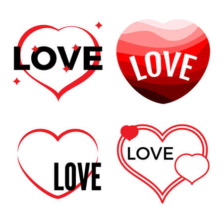 Set of four red hearts on a white background with inscription Love. Vector illustration.のイラスト素材