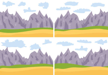 Set of four images with natural cartoon landscape in the flat style with mountains, blue sky, clouds  and hills. Vector illustrationのイラスト素材