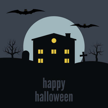 Lonely house on the background of the moon and the inscription Happy Halloween. Vector illustrationのイラスト素材