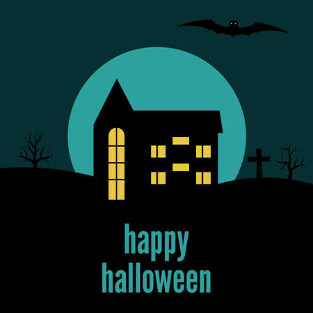 Lonely house on the background of the moon and the inscription Happy Halloween. Vector illustrationのイラスト素材