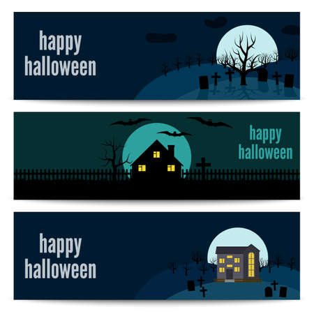 Horizontal banners set with lonely house on the background of the moon and the inscription Happy Halloween. Vector illustrationのイラスト素材