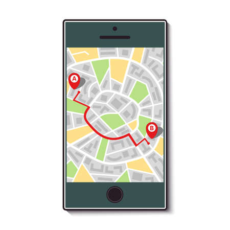Mobile phone with a map of the city and the route from point A to point B. Vector illustrationのイラスト素材