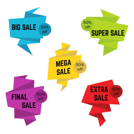 Set of five colorful sale stickers with text. Sale label template. Vector illustrationのイラスト素材