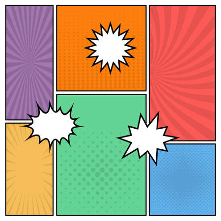 Colorful comic book page background in pop art style with empty speech bubbles. Template with rays and dots pattern. Vector illustrationのイラスト素材