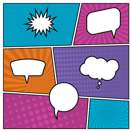 Colorful comic book page background in pop art style with empty speech bubbles. Template with rays and dots pattern. Vector illustrationのイラスト素材